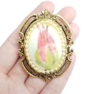 Vintage Retro Pink Flower Brooch in Gold Tone Frame, Colorful 70s Style, Estate